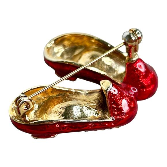Enamel Ruby Red Slippers Rhinestone Gold Tone Brooch Pin - Picture 5 of 7